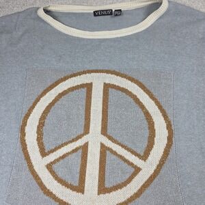 Venus Sweater‎ Womens L Gray Knit Peace Logo Pullover Crew Neck Long Sleeve